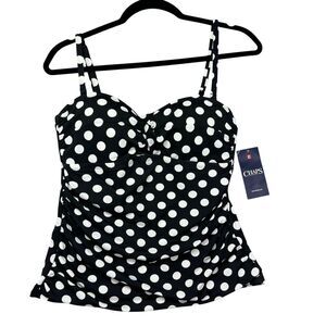 Chaps Swim Top Womens 10 Black White Polka Dot Tankini Bandeau Lined Stretch NWT